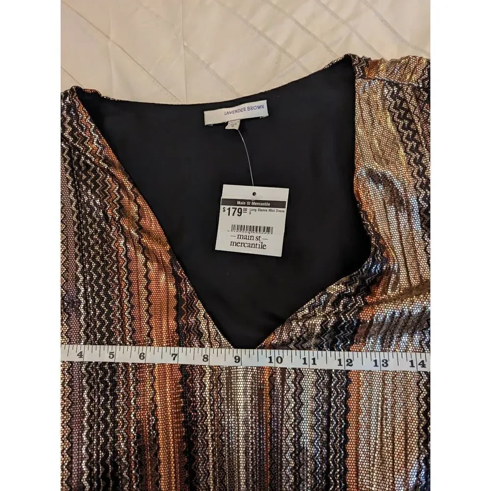 Lavender brown metallic stripe long sleeve mini dress sz s nwot